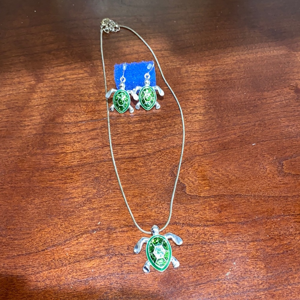Sliver and green turtle necklace and earring set